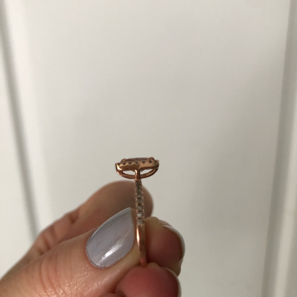 14k rose gold, diamond and emerald cut peach sapphire engagement ring - Picture 9 of 16